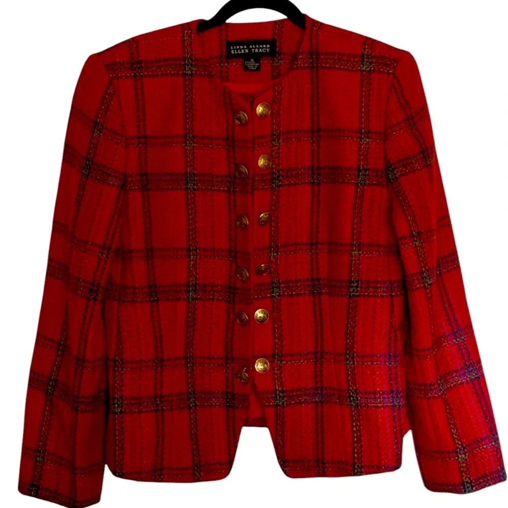 Ellen Tracy Vintage Wool Blend Jacket Red Plaid Chained Link  Retro Buttons, 8 - Picture 3 of 10